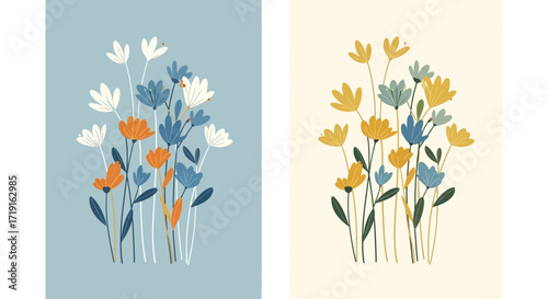 Set of two modern botanical art prints with stylized wildflowers. Vector Illustrations. EPS Editable