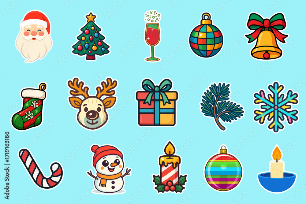 Naklejka premium Colorful raster icon set for Christmas and New Year celebration with tree, gifts, reindeer, baubles, snowman, candle and pine branches on blue and white background, festive decorative design elements
