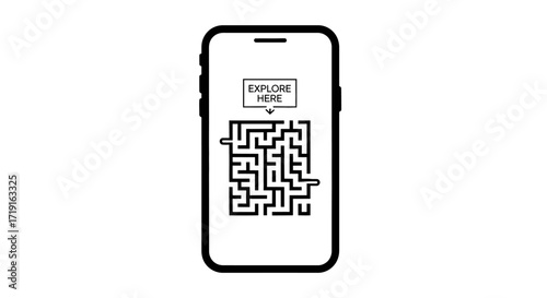 Smartphone screen displaying a complex maze puzzle with an explore here starting point. Vector Illustrations. EPS Editable