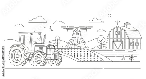 Smart farming technology concept with drone and tractor line art. Vector Illustrations. EPS Editable