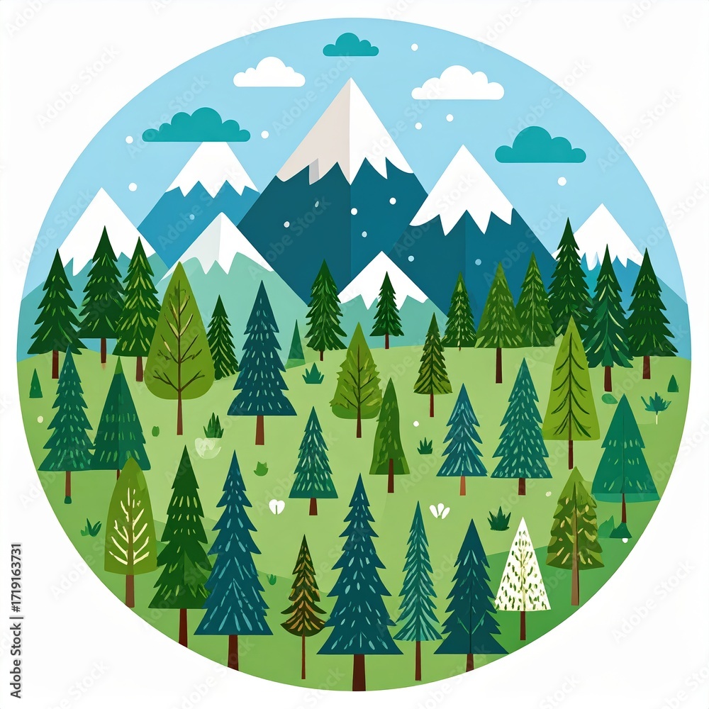 Obraz premium Serene mountain landscape with lush evergreen forest, depicted in a stylized, circular illustration.