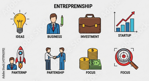 Business Icons and Graphics Startup, Investment, Partnership, Ideas, Focus, and Rocket Illustration Icon Set for Entrepreneurship