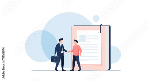 Two businessmen shaking hands after signing a successful contract agreement. Vector Illustrations. EPS Editable
