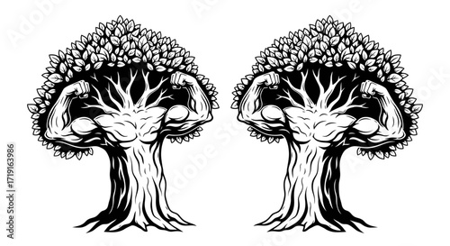 Two powerful anthropomorphic trees with muscular arms flexing biceps in a black and white illustration. Vector Illustrations. EPS Editable