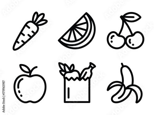 Set of six simple outline icons representing fruits and vegetables for healthy eating and groceries silhouette vector illustration white background