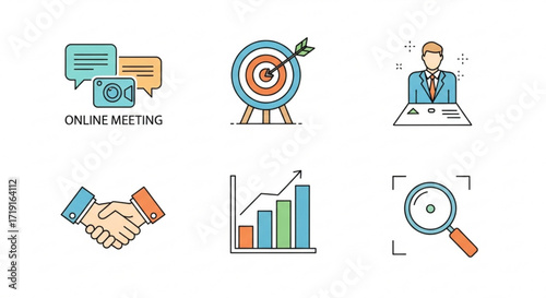 Modern Business Icon Set Online Meeting, Target, Handshake, Analytics, Search