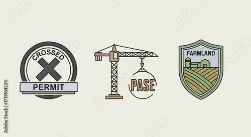 Vector icon set featuring crossed permit construction crane and farmland shield. Vector Illustrations. EPS Editable