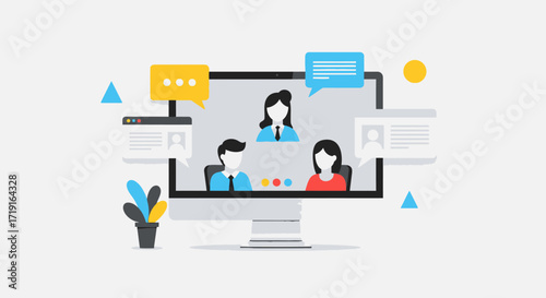 Vector illustration of a team video conference call for remote work and online communication. Vector Illustrations. EPS Editable
