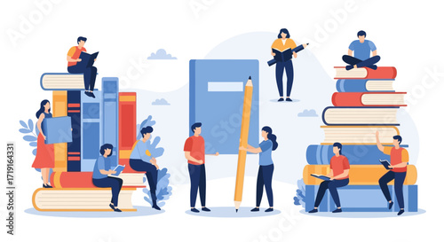 Vector illustration of tiny people studying around giant books and stationery. Vector Illustrations. EPS Editable