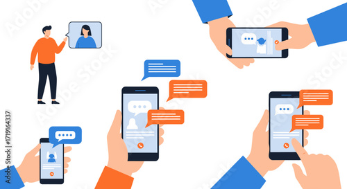 Vector illustration set of people using smartphones for online communication and messaging. Vector Illustrations. EPS Editable
