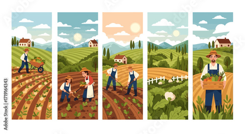 Vector Illustration Set of Farmers Working on a Rural Farm. Vector Illustrations. EPS Editable
