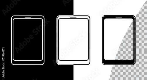 Vector tablet device mockup set with blank screens on black white and transparent backgrounds. Vector Illustrations. EPS Editable