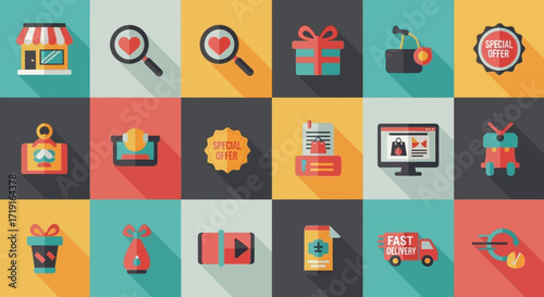 Vibrant Flat Design Shopping and Online Retail Icon Set with Long Shadows. Vector Illustrations. EPS Editable