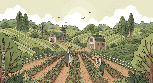 Vintage illustration of farmers in a vegetable garden with rolling hills. Vector Illustrations. EPS Editable