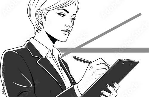 Businesswoman taking notes on a clipboard with a pen in front of a rising graph in black and white