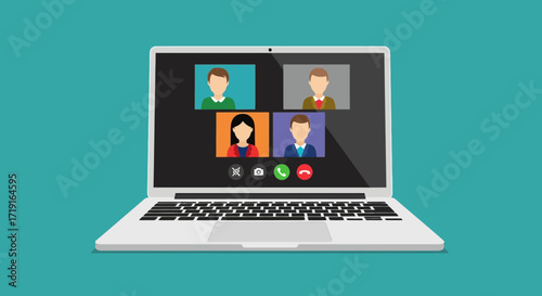Video conference call with multiple people on a laptop screen. Vector Illustrations. EPS Editable