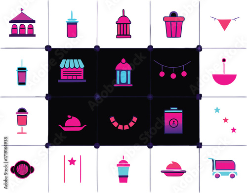 Collection of neon colored festival and celebration icons