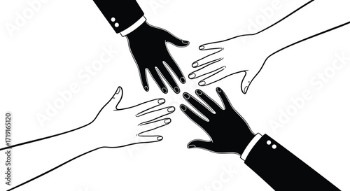 Four hands reaching towards a central point with two black and two white hands in monochrome style