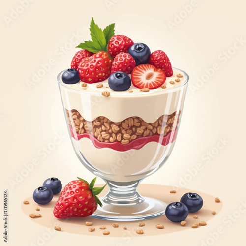 A layered dessert in a glass, featuring granola, yogurt, and fresh berries, beautifully arranged.