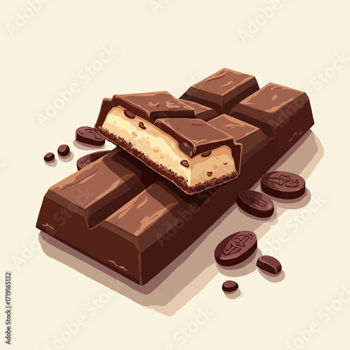 A graphic illustration of a chocolate bar with a creamy filling, broken apart, and scattered cookie pieces.