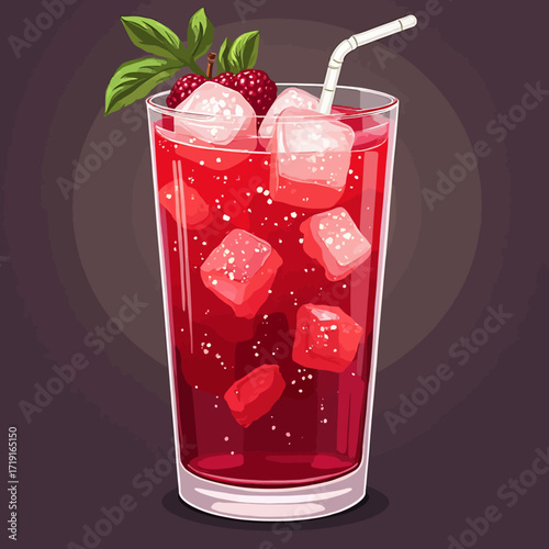 Refreshing raspberry iced drink with ice cubes and mint garnish in a tall glass.