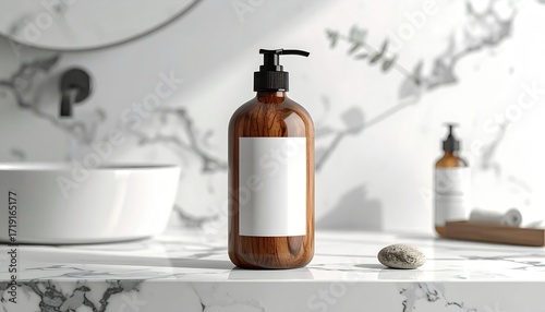 Elegant bathroom scene featuring a wooden soap dispenser with a blank label on a marble countertop, with soft lighting