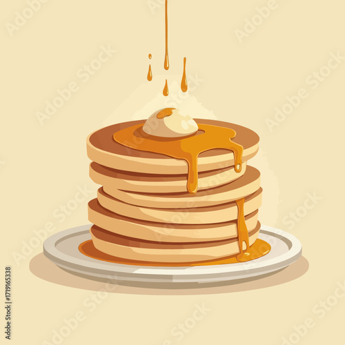 Stack of pancakes topped with butter and dripping honey syrup on a plate.