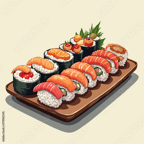 A beautifully arranged platter of various sushi pieces, showcasing fresh seafood and rice.