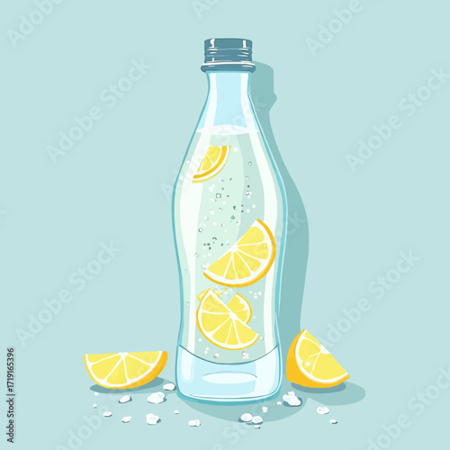 A glass bottle of sparkling water with lemon slices, showcasing a refreshing beverage.