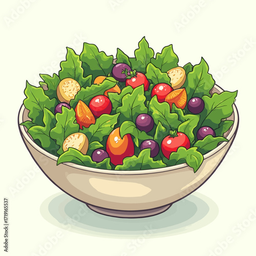A bowl filled with a colorful and fresh salad consisting of lettuce, tomatoes, grapes, and croutons.