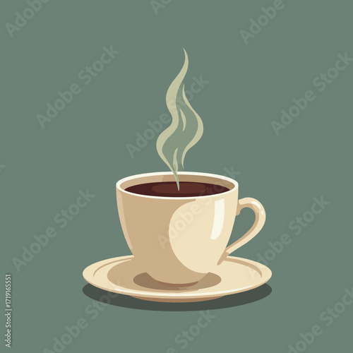 A steaming cup of coffee sits on a saucer against a muted green background.