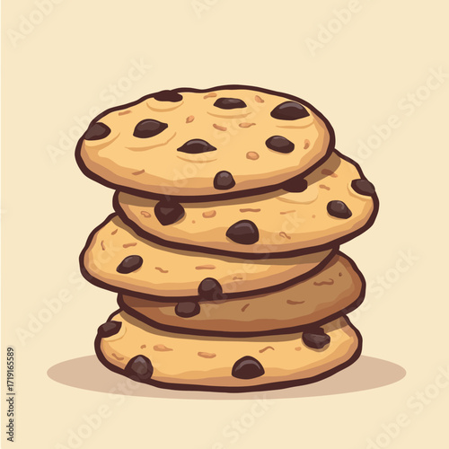 A stack of four freshly baked chocolate chip cookies, ready to eat.