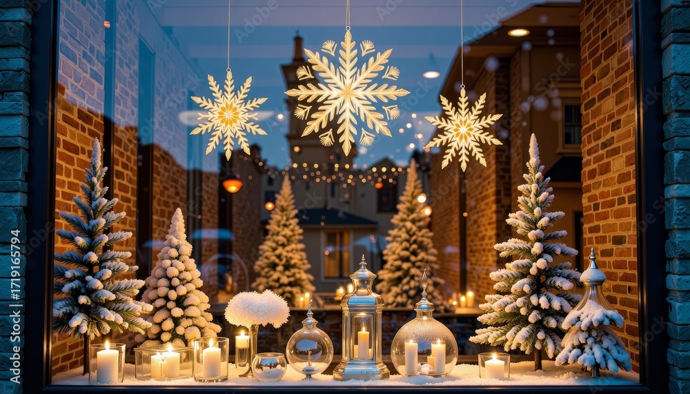 Fototapeta premium Enchanting Window Display Featuring Illuminated Snowflakes and Festive Decor Amid a Cozy Winter Wonderland with Snow-Covered Trees and Flickering Candlelight