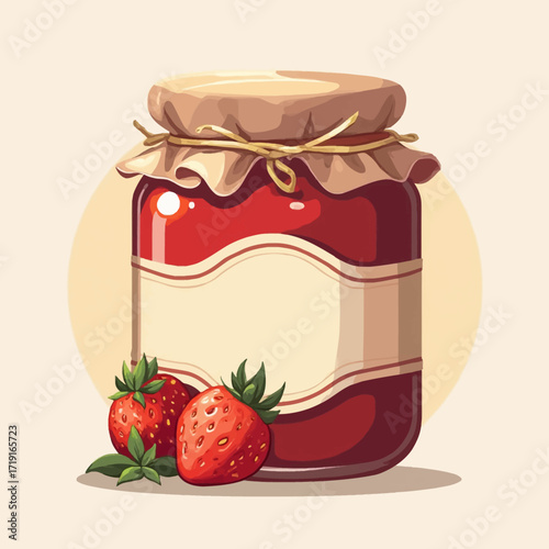 A jar of homemade strawberry jam sits on a beige background, adorned with a simple label and fresh strawberries.
