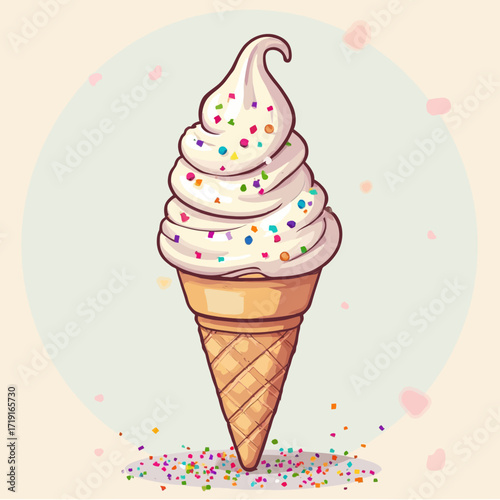 A cartoon ice cream cone with swirls of white ice cream topped with colorful sprinkles.