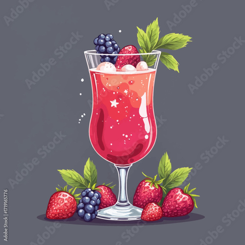 A tall glass filled with a red drink, topped with berries and surrounded by strawberries, blackberries, and green leaves.