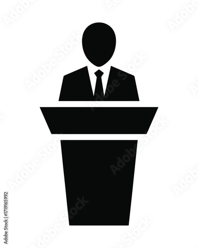 Vector graphic icon of a speaker at a podium ready for presentation or public speaking silhouette vector illustration white background