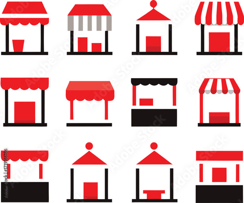 Collection of stylized market stalls and kiosks in red and black