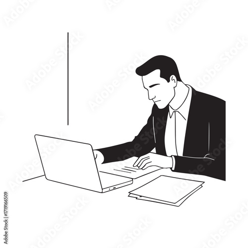 Black and white line art of a hardworking man at office desk with laptop and documents minimalist illustration