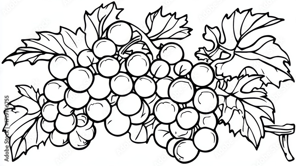 Fototapeta premium 95.A simple, fun grape coloring page for young children, featuring line art of a grape bunch with large, bold outlines. The grapes are drawn in a simplified style, making them easy for young kids to