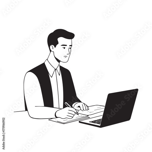 Black and white line art of a hardworking man at office desk with laptop and documents minimalist illustration