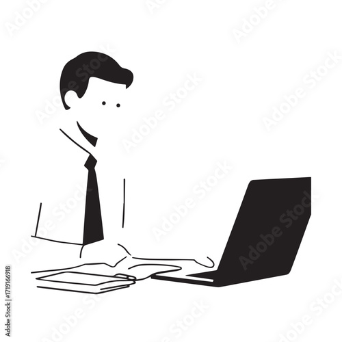 Black and white line art of a hardworking man at office desk with laptop and documents minimalist illustration