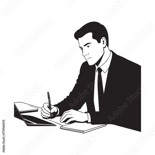 Black and white line art of a hardworking man at office desk with laptop and documents minimalist illustration
