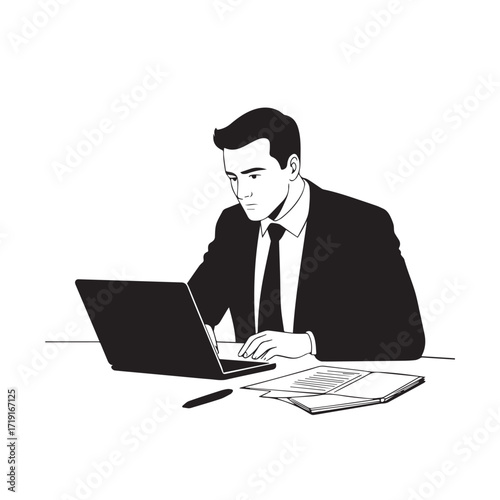 Black and white line art of a hardworking man at office desk with laptop and documents minimalist illustration