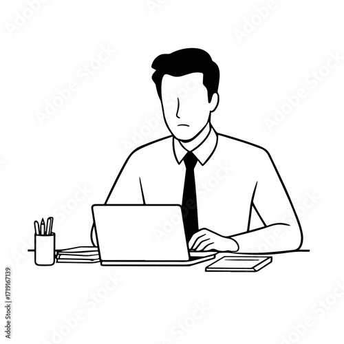 Black and white line art of a hardworking man at office desk with laptop and documents minimalist illustration