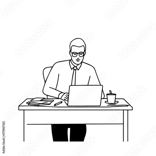 Black and white line art of a hardworking man at office desk with laptop and documents minimalist illustration