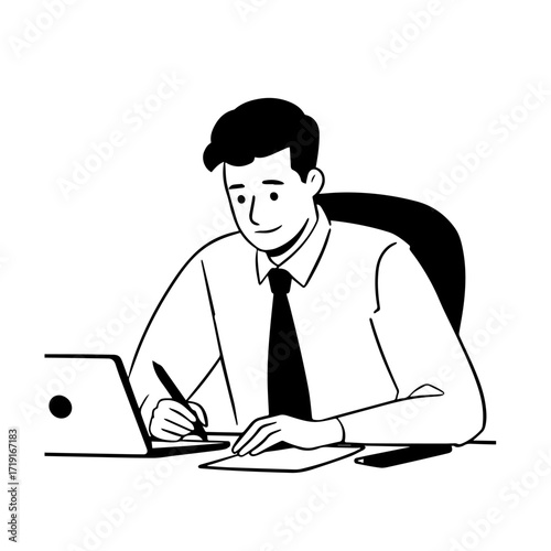 Black and white line art of a hardworking man at office desk with laptop and documents minimalist illustration