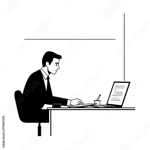 Black and white line art of a hardworking man at office desk with laptop and documents minimalist illustration