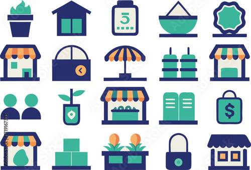 Collection of flat design icons representing commerce and retail concepts