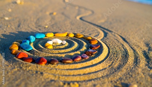 Colorful stones in sand spiral